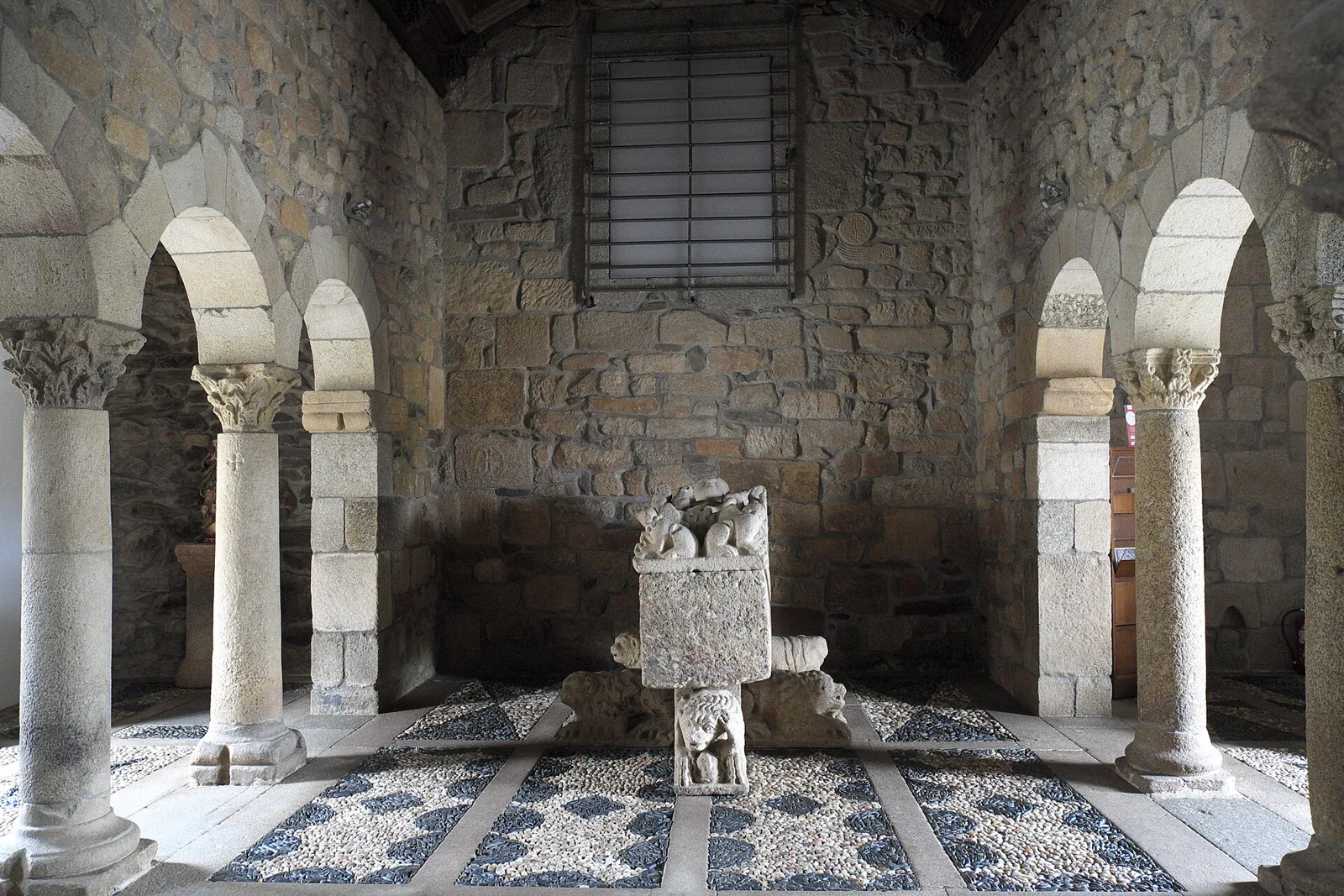 Inside the chapel, with its semi-horseshoe arches
