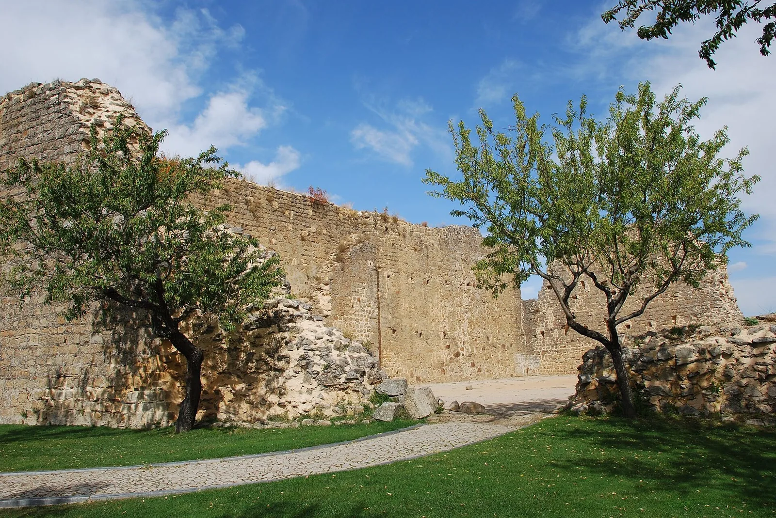 Muralhas do Castelo de Miranda do Douro com amendoeira e relvado
