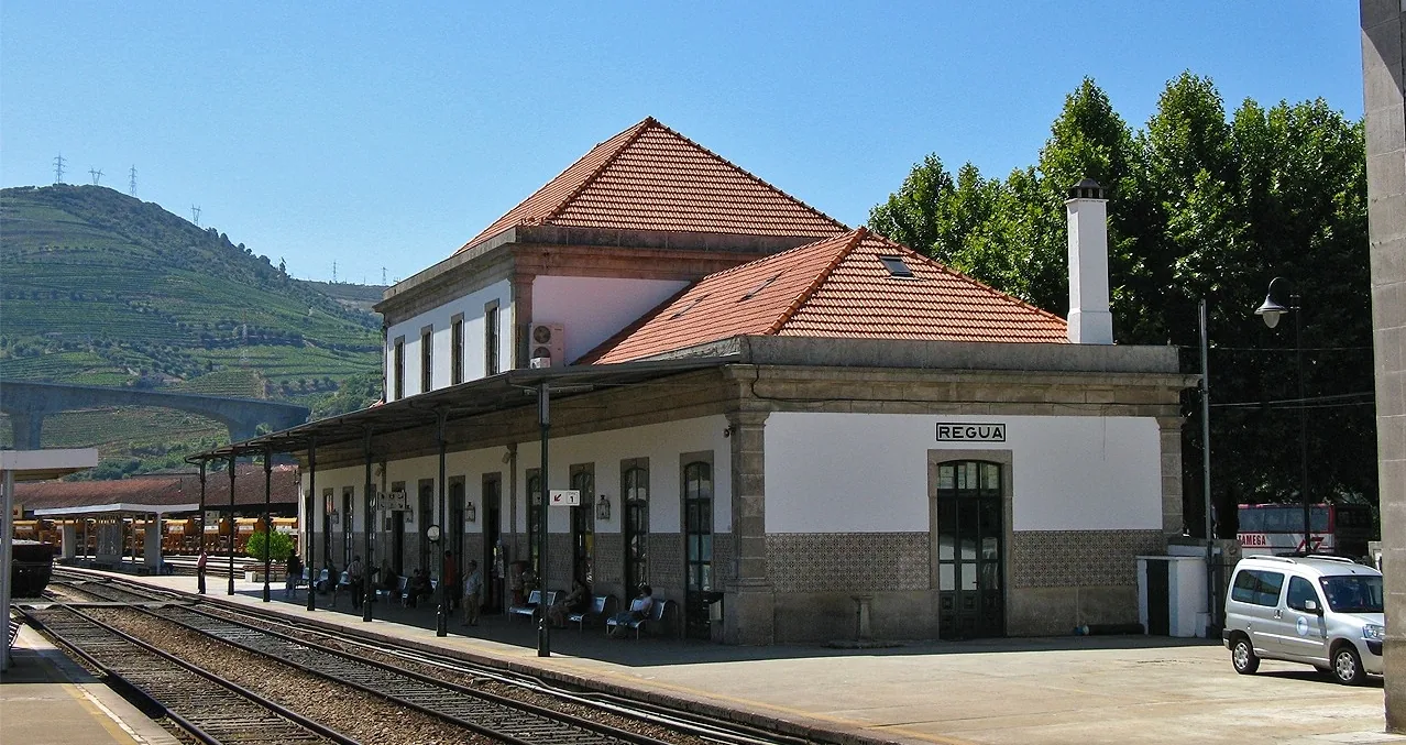 Edifício de passageiros da Estação da Régua visto da linha, com colinas ao fundo
