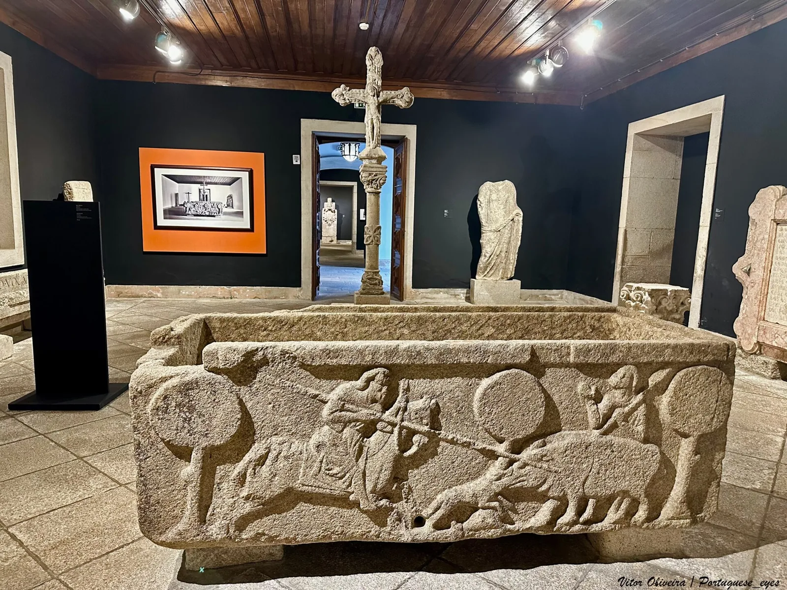 Medieval sarcophagus with relief carving in the Lamego Museum
