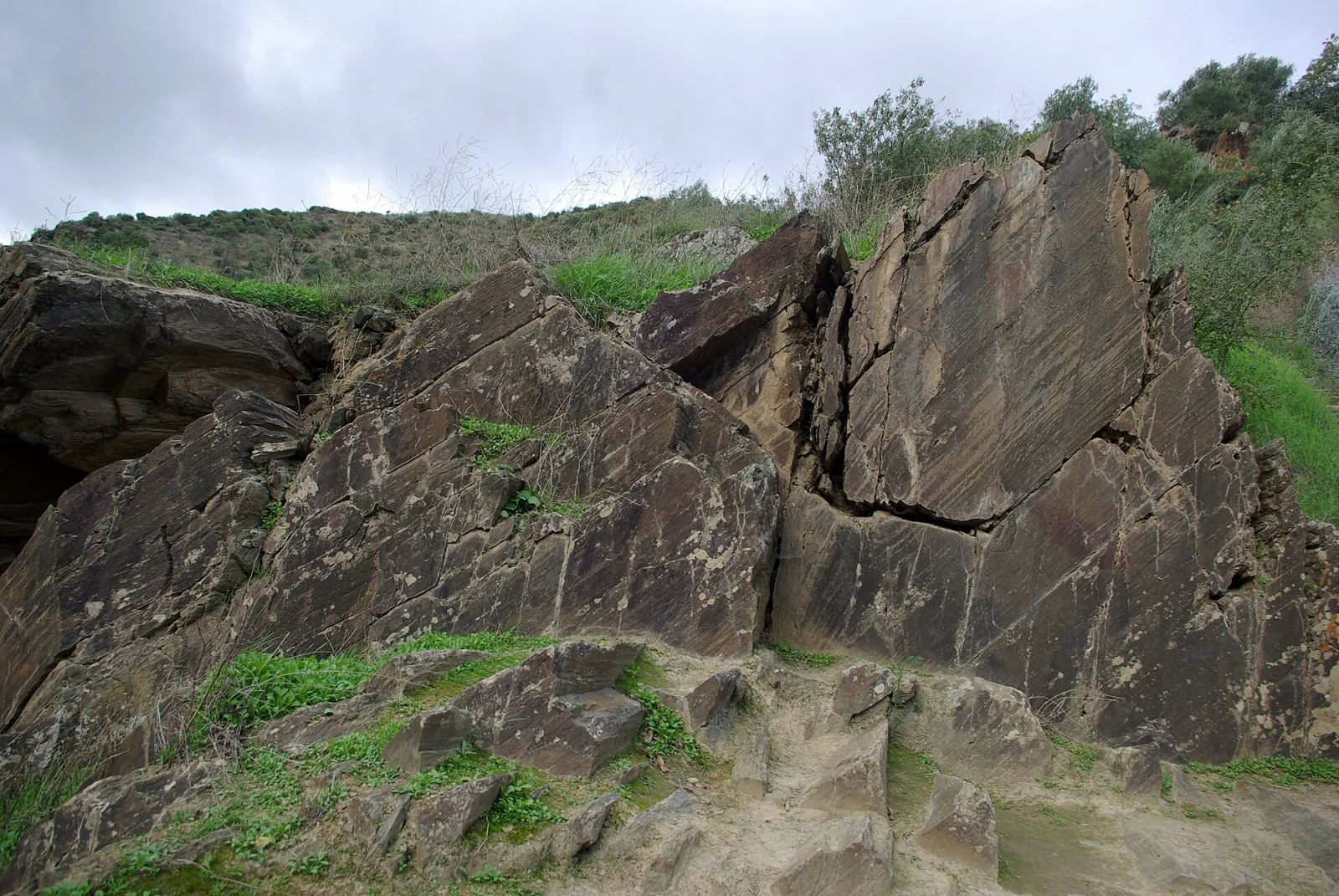 Felsen mit paläolithischen Gravuren an der Felskunststätte Canada do Inferno, Côa-Tal